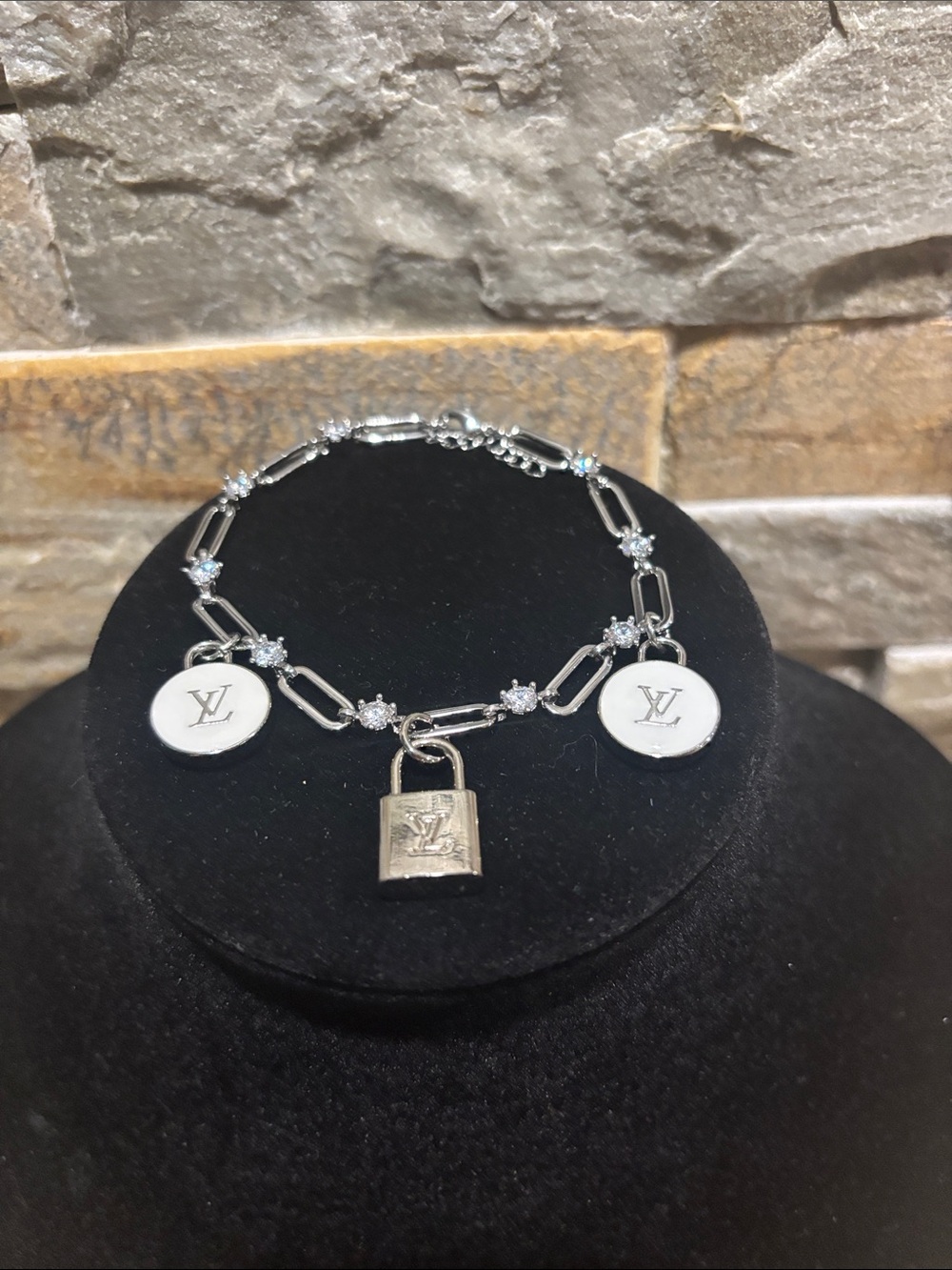 Silver & Crystal Charm Chain Bracelet with LV silver Padlock and LV Discs